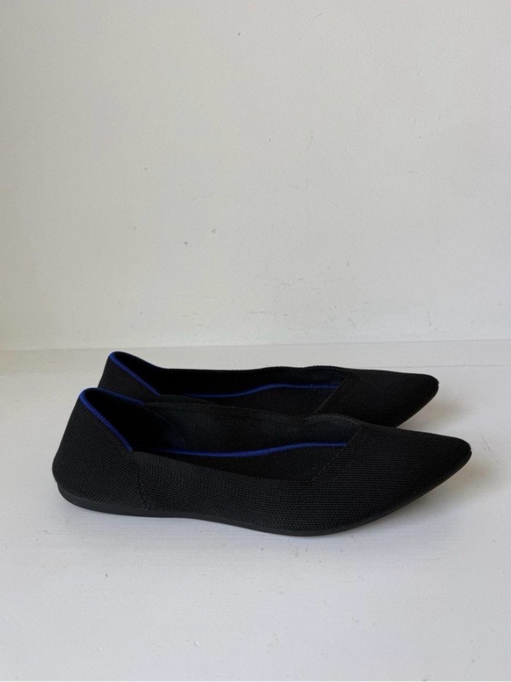 Rothy's Black Pointed Knit Flats with Blue Trim